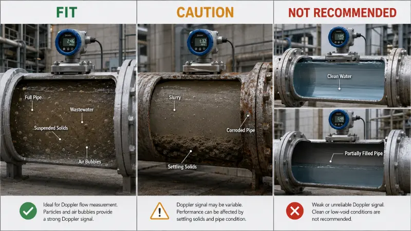 `Doppler flow meter application suitability guide for dirty liquid clean water and partially filled pipe` `Doppler flow meter application suitability guide for dirty liquid clean water and partially filled pipe`